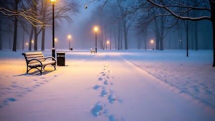 Serene winter park scene at night with glowing streetlights, snow-covered benches, and visible footprints on a winding path during snowfall.