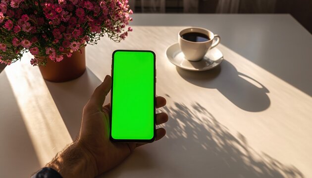 Digital Serenity: A hand holds a smartphone with a green screen, set against a backdrop of a coffee cup and floral arrangement. A scene of modern simplicity and digital interaction.