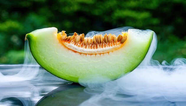 Fresh Melon Delight: A vibrant slice of honeydew melon, presented with artistic flair amidst wisps of cool vapor, is a refreshing treat.