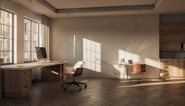 Modern Office Space with Natural Light: A sun-drenched modern office featuring a desk, office chair and additional work station, creating an inspiring and productive workspace.
