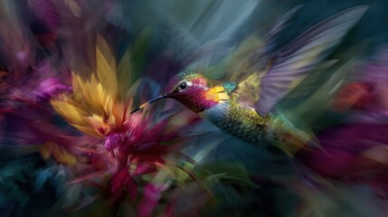 Obraz premium Colorful hummingbird hovering near vibrant flowers in a lush garden setting during a sunny afternoon