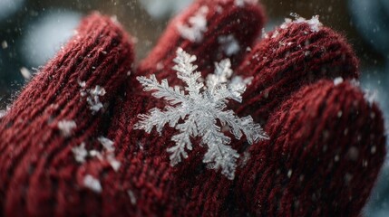 close-up of snowflake on red mitten during Christmas walk,