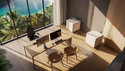 Office with a View: An inviting office space bathed in natural light, offering stunning panoramic views of a tropical beach, seamlessly blends productivity with the allure of a vacation. 