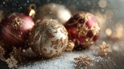 close-up of sparkling Christmas ornaments with snowflakes