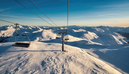 Ski Lift in the Snowy Peaks: Aerial view of a ski lift ascending, offering a panoramic vista of the snowy mountains. The scene embodies a sense of adventure and the thrill of the slopes.