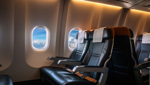 Airplane Interior: A modern airplane cabin with rows of comfortable seats and large windows offering a breathtaking view of the sky. This captures the essence of travel and adventure.