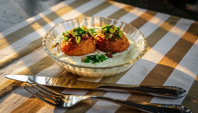 Gourmet Delight: Exquisite culinary creation showcasing two meticulously crafted, golden-brown delicacies, elevated by a creamy base and elegant silverware, promising a fine dining experience.