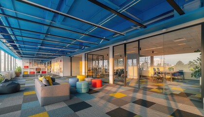 Modern Workplace Interior: A vibrant and contemporary office space, designed to foster collaboration and creativity, showcasing sleek aesthetics and functional design.