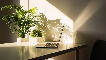 Workspace Tranquility: The soft morning light bathes a clean desk, where a laptop sits beside potted plants, casting a shadow that adds depth and evokes a feeling of calm and productivity.