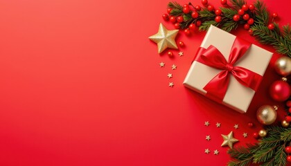 Festive Flat Lay of Christmas Gift Box with Red Ribbon, Ornaments, Greenery, and Decorative Stars on Vibrant Red Background