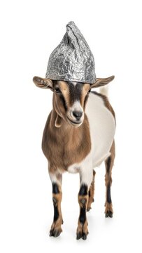 goat wearing a tinfoil hat, paranoid, paranoia, on a white background, animal photo