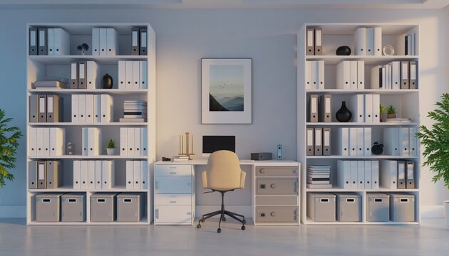 Organized Workspace: A modern office setup features a tidy desk with an ergonomic chair. Flanked by tall shelves laden with files, and a minimalist aesthetic.