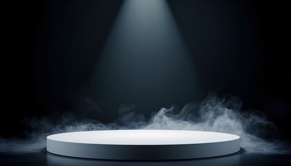 Spotlight on an Empty Stage: A single spotlight illuminates a pristine, circular platform enveloped in ethereal mist, creating a sense of anticipation and drama.