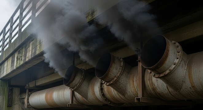 Polluting emissions from pipes under bridge, black smoke comes from old pipes of industrial factory, showing polluting emissions. Polluting emissions cause toxic air that affects environment.