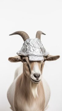 goat wearing a tinfoil hat, paranoid, paranoia, on a white background, animal photo