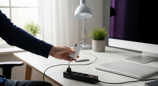 Extension cord powers devices on table, person plugs charger into outlet. Charger connects to electronic device using extension cord,