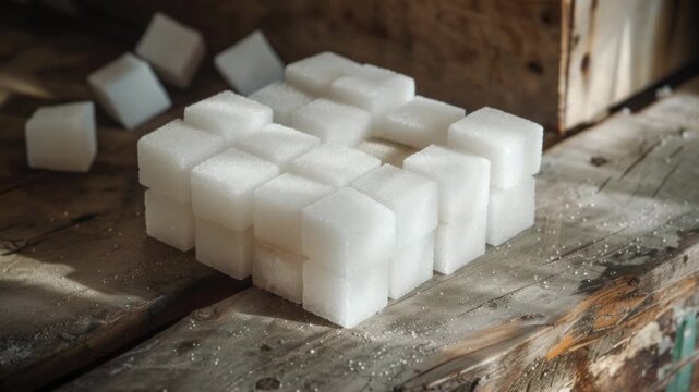 Video Close-up of a pile of sugar cubes on a wooden table, ideal for food or cooking related concepts