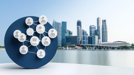 The illustration showcases Singapore s skyline with social media icons and interconnected human shapes symbolizing innovation in corporate finance