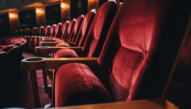Velvet Seats: An Empty auditorium, with rows of luxurious, velvet-clad seats in rich red hue, waiting in anticipation. A perfect image for drama and theatre passion.  - Powered by Adobe