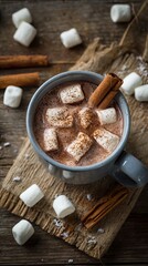 Fototapeta premium Delicious cocoa with marshmallows on a Christmas background 