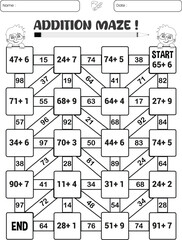 Addition maze puzzle game worksheet for child