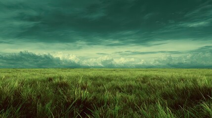 Open green field under a cloudy sky with dramatic clouds and a hint of light during the late afternoon