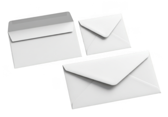 Three white envelopes isolated on transparent background