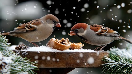 Two lovely birds share a joyful moment at a birdhouse, with gentle snowfall creating a serene winter garden atmosphere
