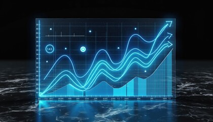 Financial Data Visual: A glowing graph, composed of dynamic lines and data points, depicts the upward trajectory of financial progress, symbolizing growth and success in the modern business world. 