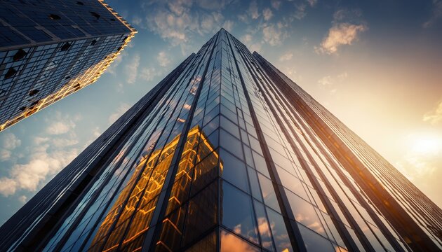 Skyscraper's Ascent: A breathtakingly high-angle view of an imposing skyscraper, its sleek glass facade reflecting the sky above and sun. A testament to modern architectural prowess.