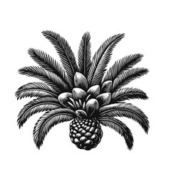 Fototapeta premium Engraving of a palm tree with fruits and leaves isolated on a white background in black and white