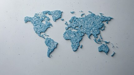 A flat world map features blue network connections on a textured grey background, emphasizing global communication and connectivity