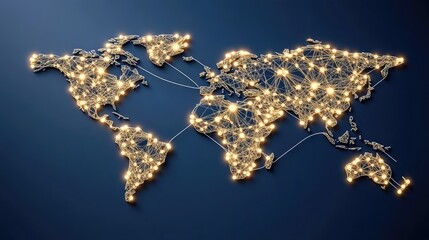 The design showcases an abstract representation of a world map on a blue backdrop, emphasizing global connectivity and networks