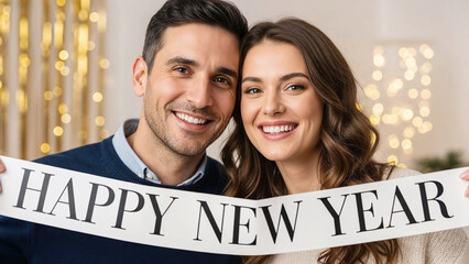 Young couple smiling and celebrating New Year with banner indoors