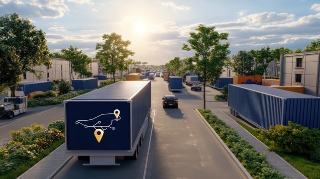 A world map showcases location pins while cargo containers fill a dock area beneath bright sunlight and blue skies
