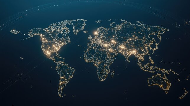A dynamic representation of global logistics featuring connections across a world map with transport methods in motion