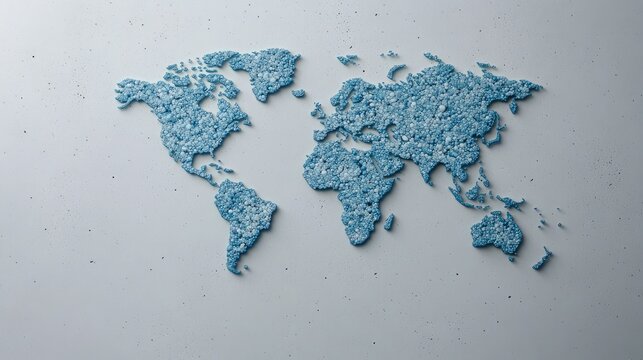 A flat world map features blue network connections on a textured grey background, emphasizing global communication and connectivity - Powered by Adobe