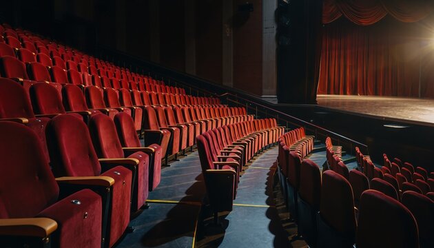 Empty Theater Auditorium: A grand theater auditorium with rows of plush red velvet seats faces a darkened stage, hinting at the anticipation of a performance or the quiet after an event. - Powered by Adobe