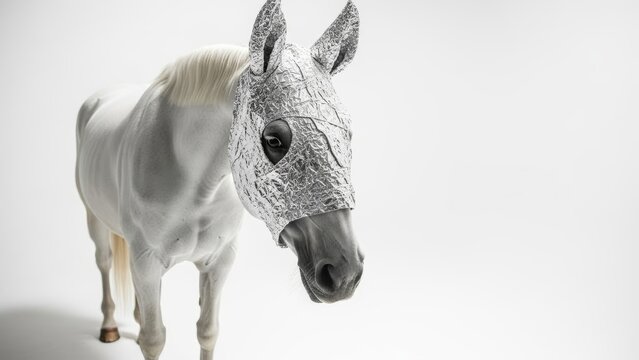 horse wearing a tinfoil hat, paranoid, paranoia, on a white background, animal photo