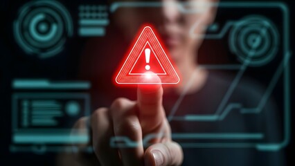 Finger touching red warning sign on futuristic digital interface display