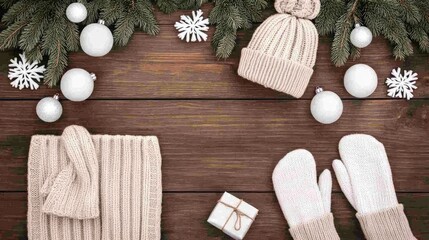 A winter collection of a knitted scarf, gloves, and hat is beautifully displayed on a wooden surface with decorative pine branches and ornaments