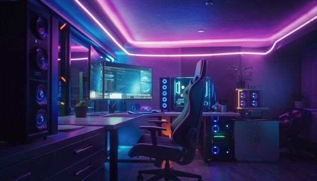 Immersive Gaming Haven: A technologically advanced gaming room, bathed in vibrant neon light, offers a sanctuary for digital immersion and strategic gameplay.