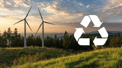 Wind turbines blend with a recycling symbol, emphasizing themes of sustainability and green energy under an overcast sky