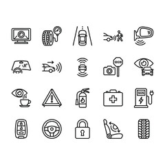 Set of 20 clean line vector icons related to car safety, driver assistance systems, and vehicle technology. Minimalist black outline design on white background.