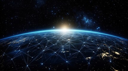 A glowing global network connects the earth from space with bright lights illuminating the dark universe and distant stars