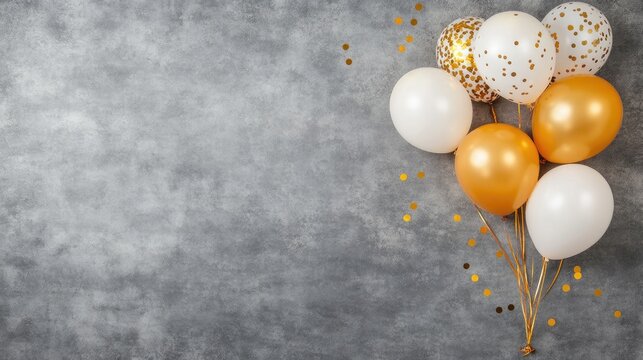 A vibrant background featuring white and gold balloons enhanced by sparkling confetti, creating a cheerful atmosphere for a celebration