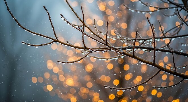 Bare tree branches with frozen water droplets and golden bokeh lights background dreamy winter morning scene