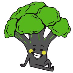 Sitting broccoli character with arms and legs enjoying relaxation on white background illustration