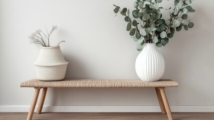 A white table with wooden legs showcases a green eucalyptus plant in a vase, enhancing the minimalistic design of a modern entryway