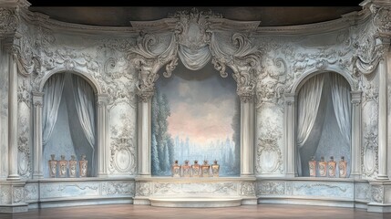 A baroque display stage with intricate scrollwork and art